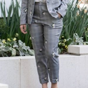 Black and white plaid floral embroidered pants